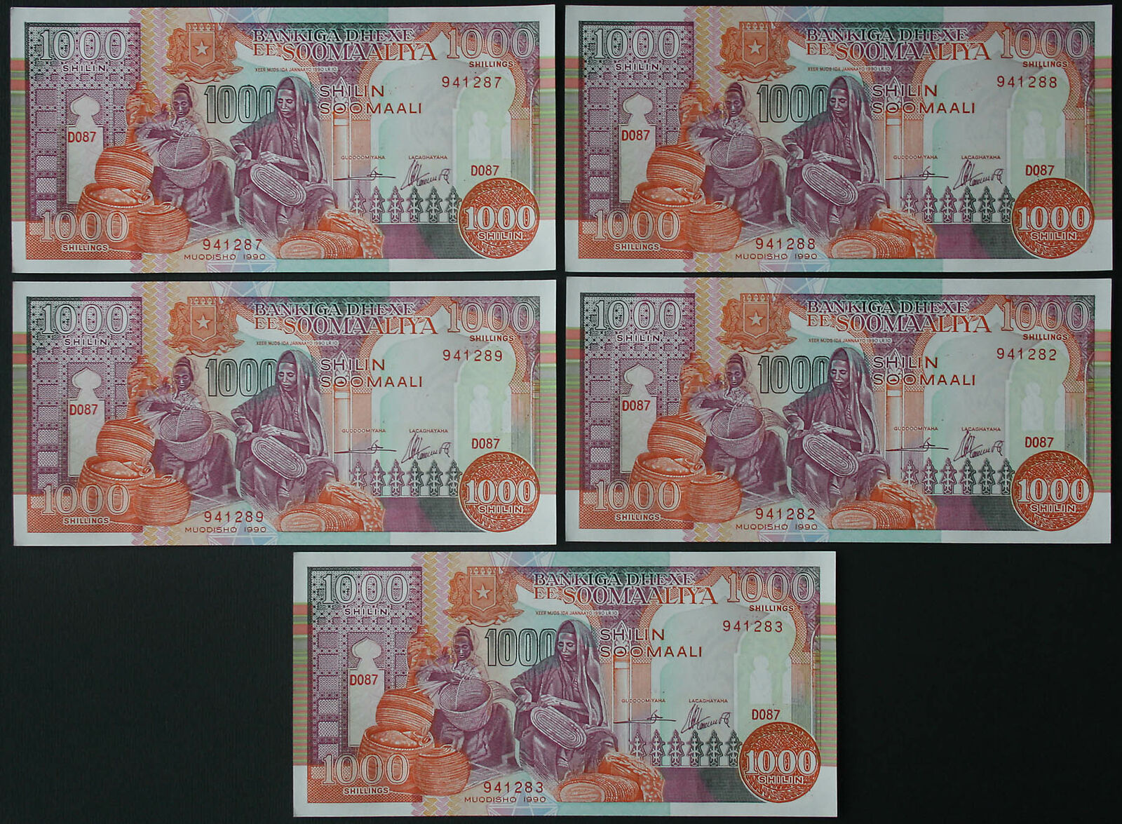 Somalia - 1000 Somali Shillings 1990 Lot Set 5 Banknotes Notes - P 37a (au-unc)