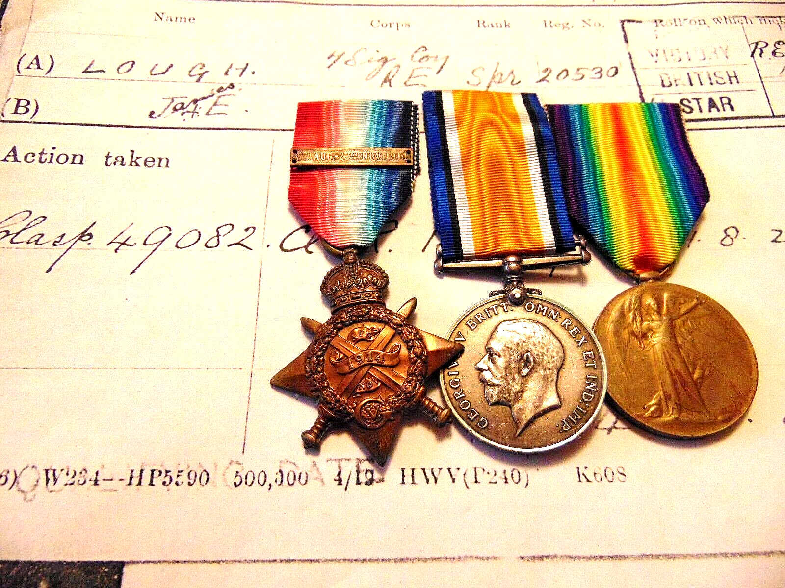 Ww1 Great Britain 20530 Sapr J E Lough Re Mons Star Bar, Service Victory Medals